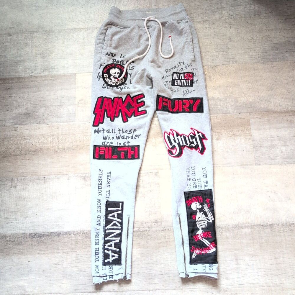 Iro-Ochi Men’s Distressed Patchwork Pants Sz S Punk Streetwear Goth Graffiti Zip